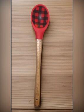 Krumbs Kitchen Farmhouse Holiday Silicone Cooking Spoon w/ Wooden Handle Plaid